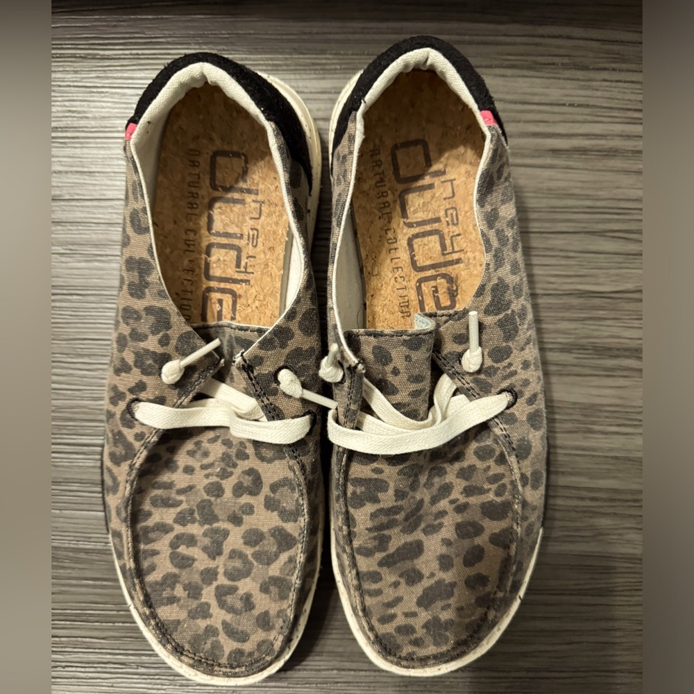 Hey Dude Wendy.  Leopard print.  Size 7